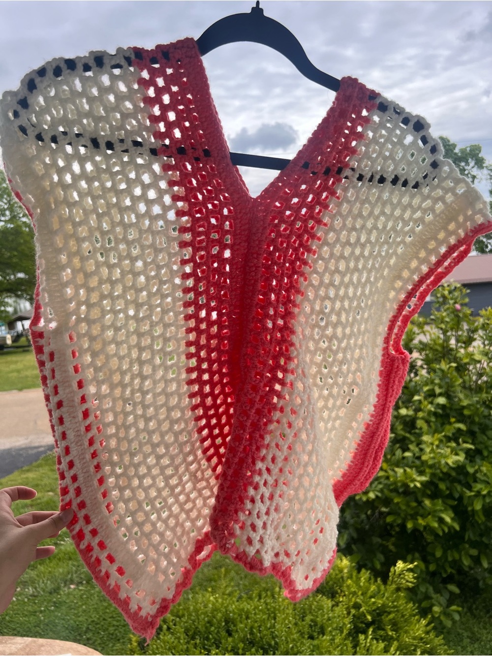 Handmade Cream and Coral Open-Knit V-Neck Sweater Top